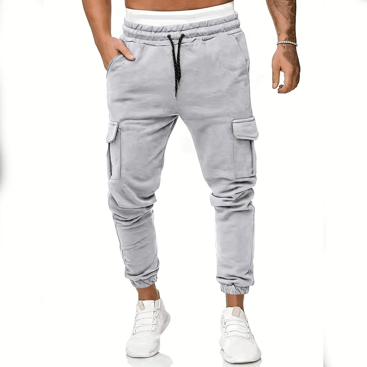 2023 Men's Cargo Sweatpant Multi Pockets Stylish Plus Size Sport Trousers Mens Basic Jogger Sweatpants Lightweight Pant