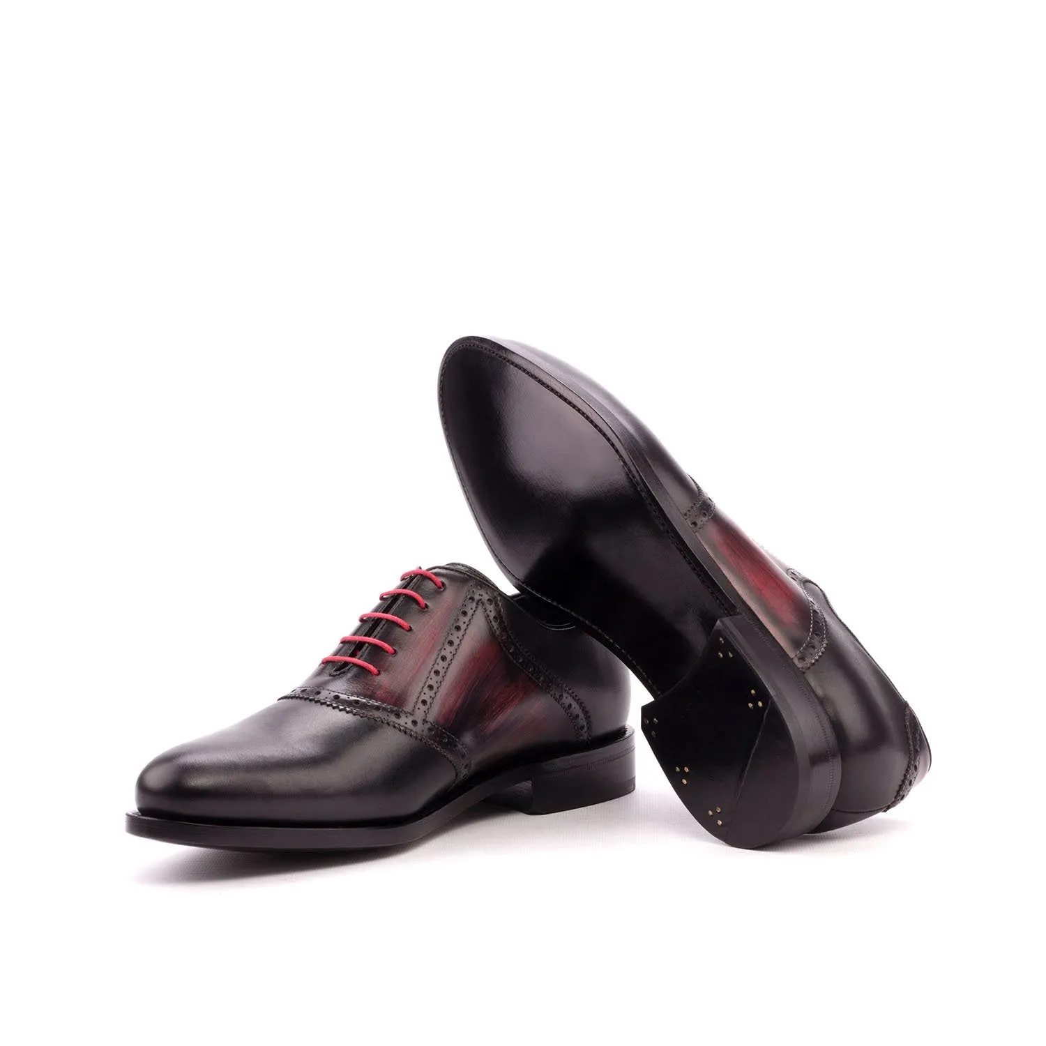 Ambrogio Bespoke Men's Handmade Custom Shoes Black & Burgundy Patina / Calf-Skin Leather Saddle Oxfords (AMB1330)