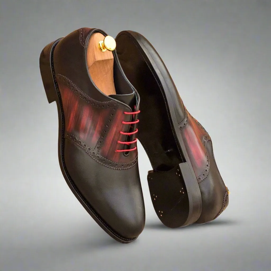 Ambrogio Bespoke Men's Handmade Custom Shoes Black & Burgundy Patina / Calf-Skin Leather Saddle Oxfords (AMB1330)