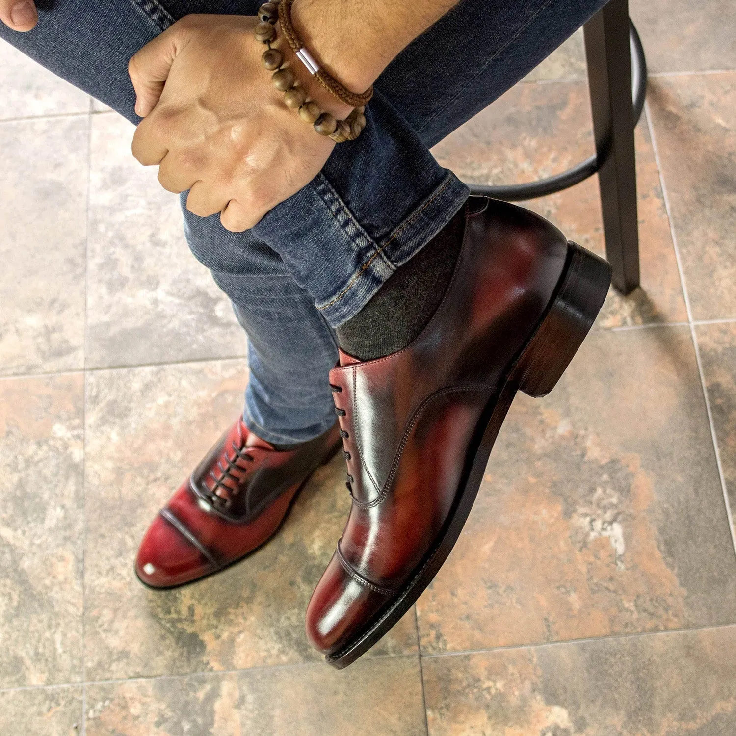 Ambrogio Bespoke Men's Shoes Burgundy Patina Leather Classic Cap-Toe Oxfords (AMB2382)