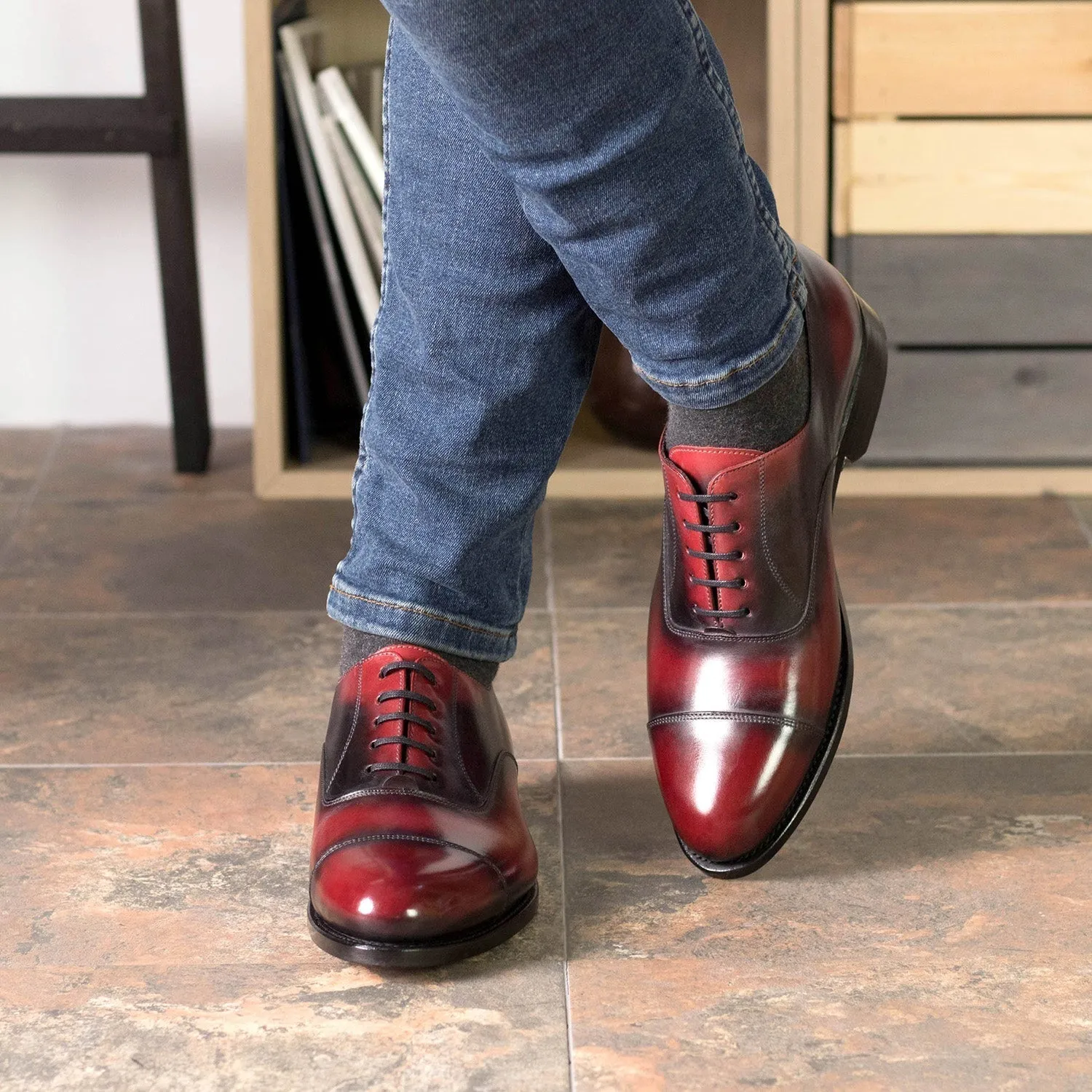 Ambrogio Bespoke Men's Shoes Burgundy Patina Leather Classic Cap-Toe Oxfords (AMB2382)