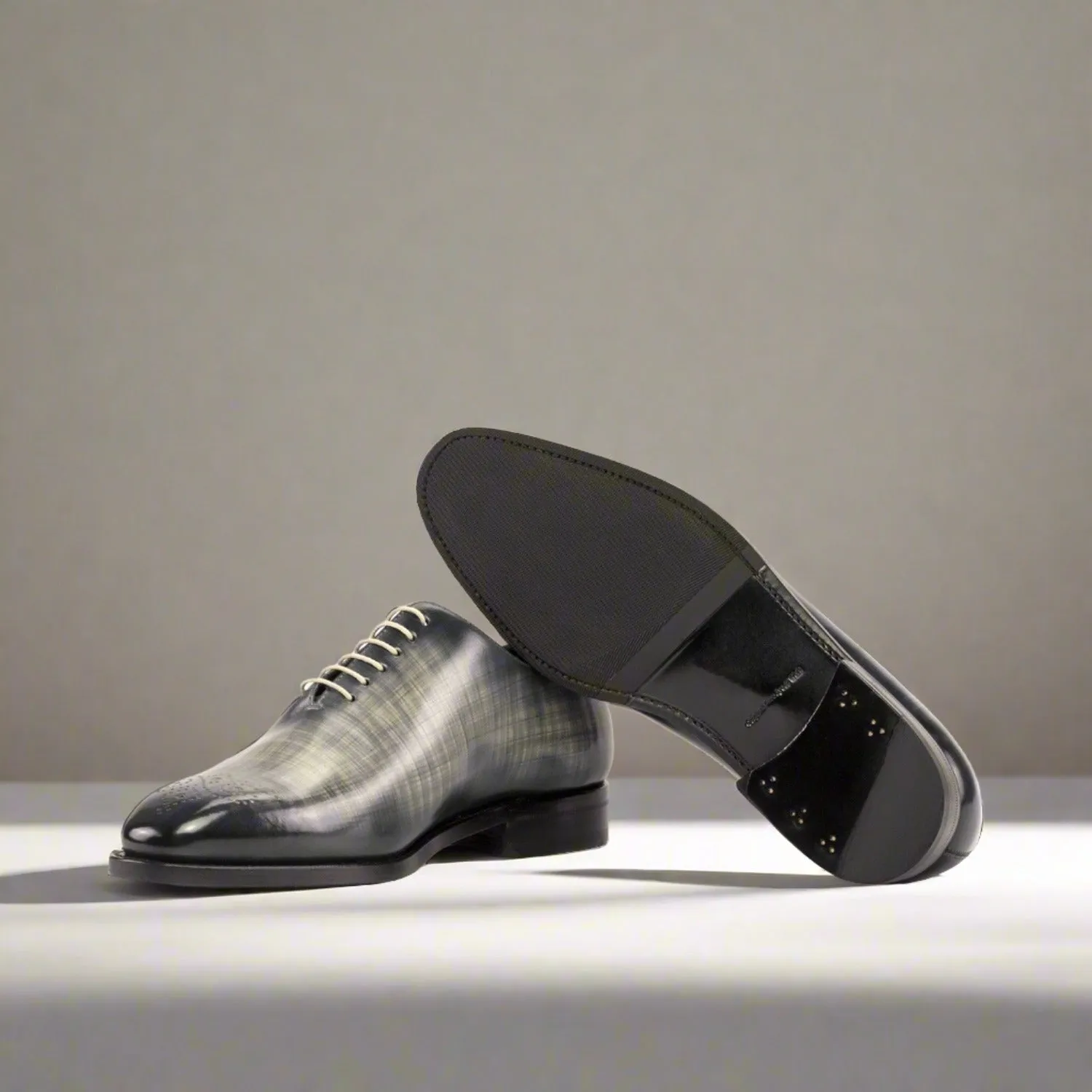 Ambrogio Bespoke Men's Shoes Gray Patina Leather Wholecut Oxfords (AMB2345)
