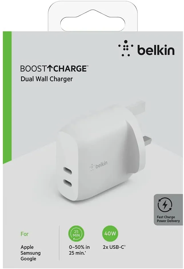 BELKIN 40W Dual USB-C PD Wall Charger 20W Per Port Fast PD - White