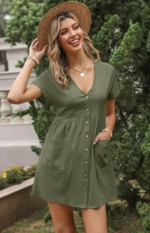 Chic Breeze Women's Cotton Linen V-Neck Shirt Dress with Short Sleeves