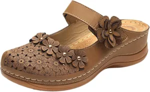 Clogs for Women Mule Sandals Comfortable Summer Flowers Platform Orthopedic Sandals, Round Toe Closed Toe Walking Slippers Hollow Out Breathable Ankle Strap Walking Shoes