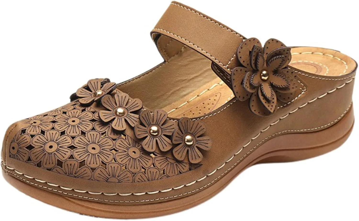 Clogs for Women Mule Sandals Comfortable Summer Flowers Platform Orthopedic Sandals, Round Toe Closed Toe Walking Slippers Hollow Out Breathable Ankle Strap Walking Shoes