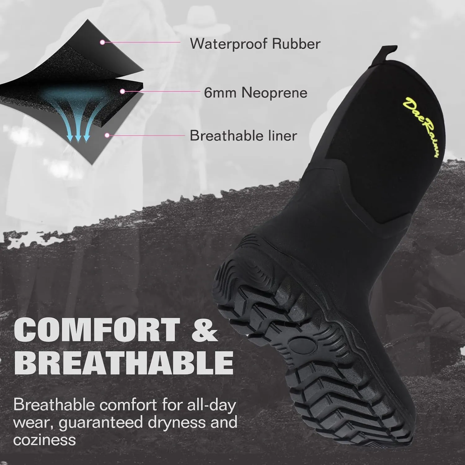 DaeRainy Rubber Rain Boots for Women Waterproof Boots Durable Neoprene Boots Insulated Mud Hunting Work Shoes for Outdoor Fsh Pond, Gradens,Hike,Farms