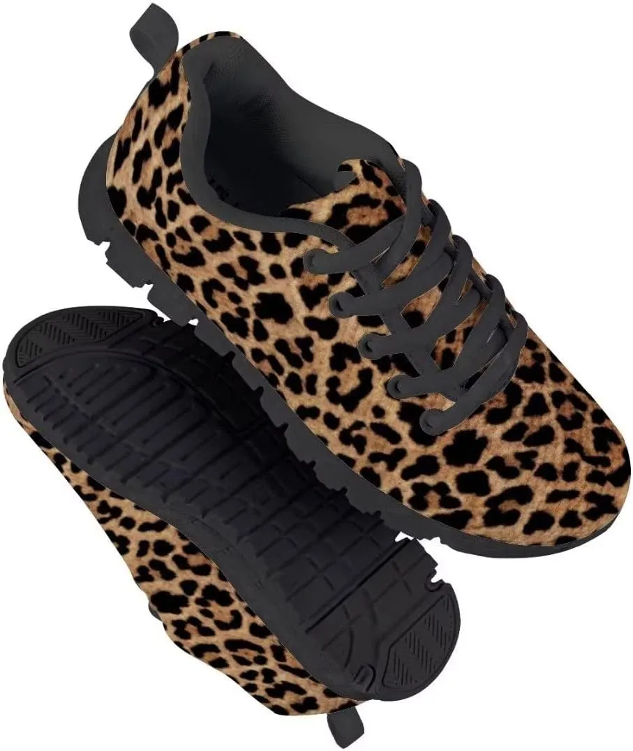 Dellukee Running Shoes for Girls Boys Black Bottom Kids Breathable Athletic Tennis Walking Leopard Sneakers