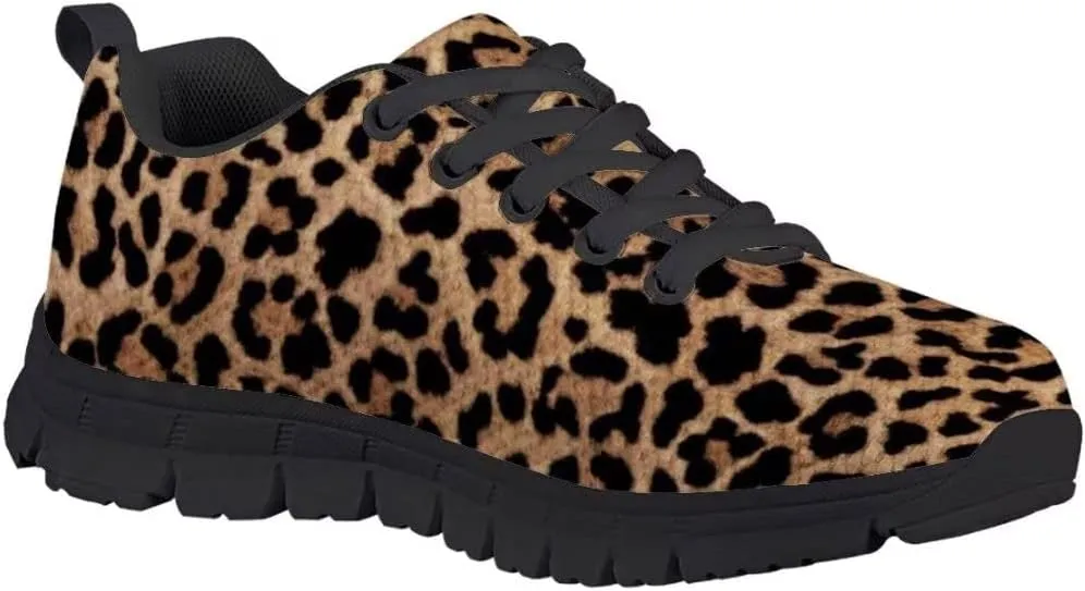 Dellukee Running Shoes for Girls Boys Black Bottom Kids Breathable Athletic Tennis Walking Leopard Sneakers