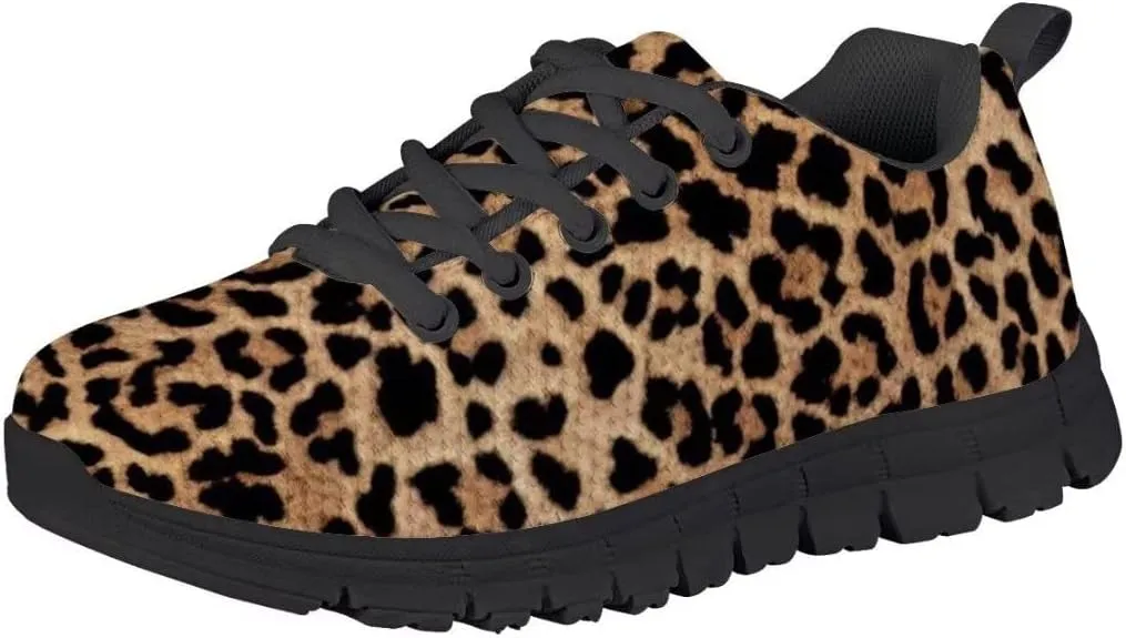 Dellukee Running Shoes for Girls Boys Black Bottom Kids Breathable Athletic Tennis Walking Leopard Sneakers