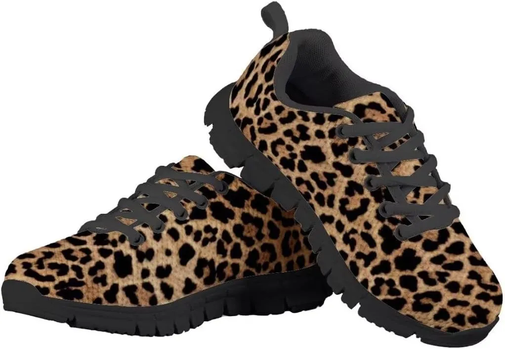 Dellukee Running Shoes for Girls Boys Black Bottom Kids Breathable Athletic Tennis Walking Leopard Sneakers