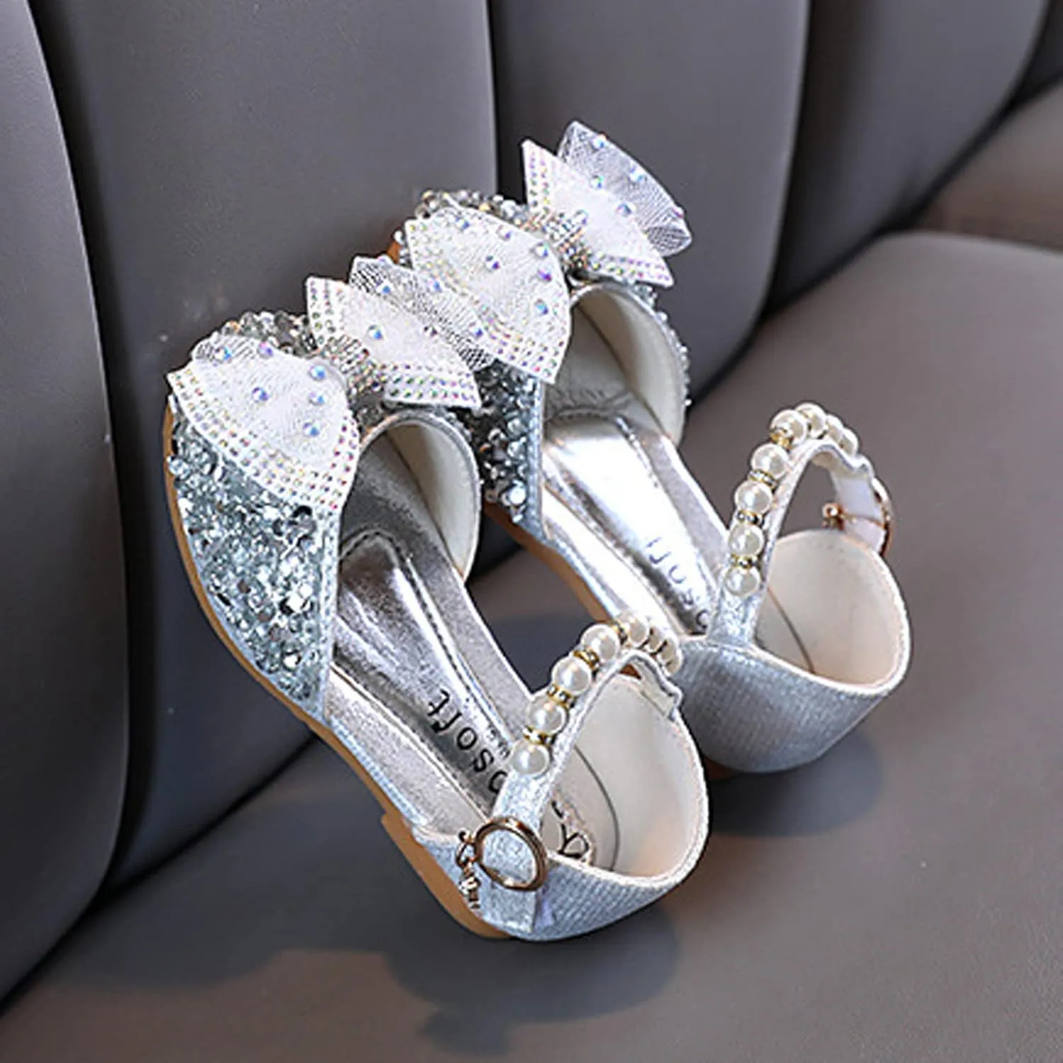 Fashion Spring and Summer Girls' Sandals Dress Performance Dance Shoes Mesh Rhinestone Pearl Toddler Sandals Size 9 (Silver, 3-3.5 Years Toddler)