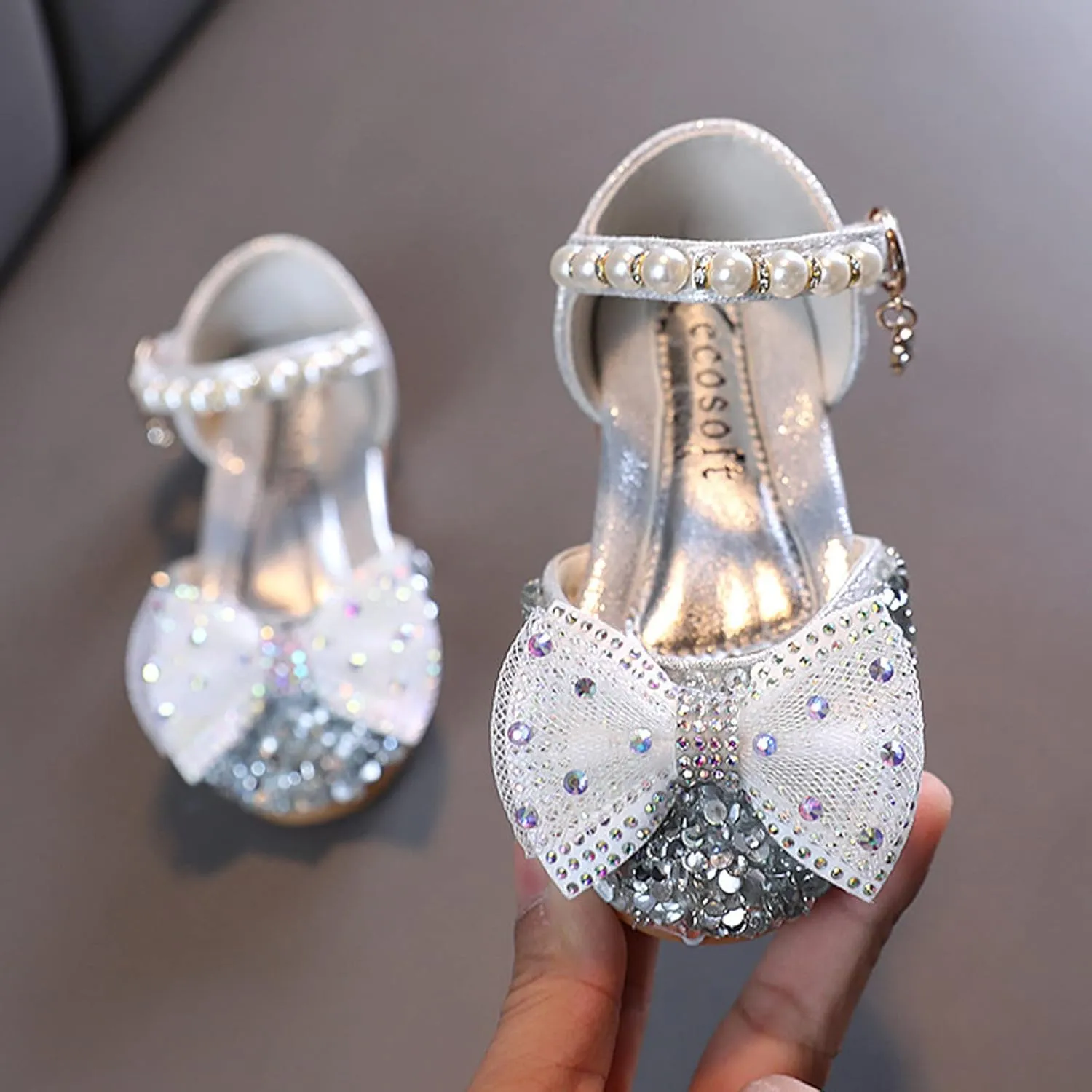 Fashion Spring and Summer Girls' Sandals Dress Performance Dance Shoes Mesh Rhinestone Pearl Toddler Sandals Size 9 (Silver, 3-3.5 Years Toddler)