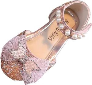 Fashion Spring and Summer Girls Sandals Party Dress Dance Show Princess Shoes Mesh Bowknot Pearl Hook Toddlers Beach (Pink, 3.5-4 Years Toddler)