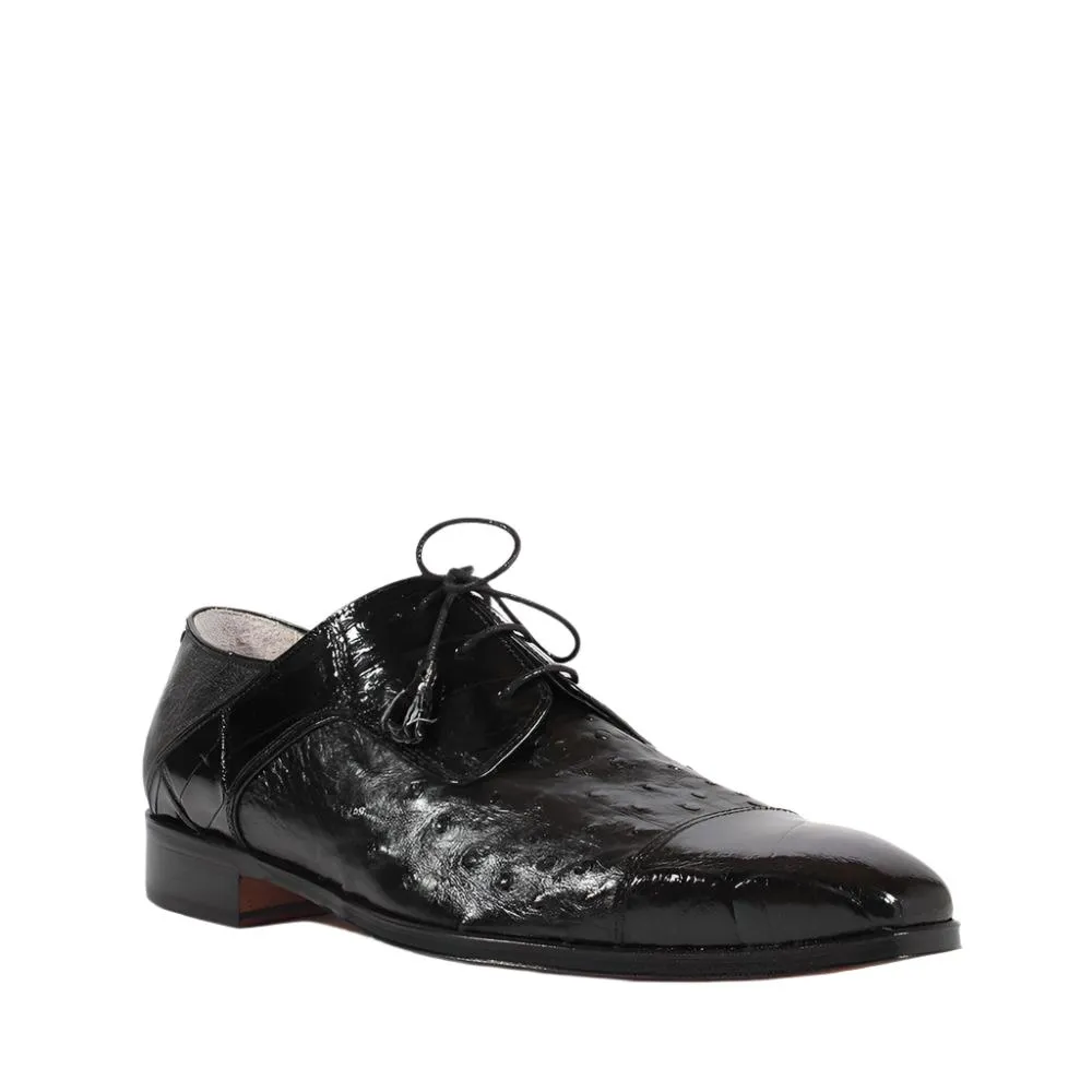 Fennix Designer Shoes Men's Exotic Hornback Crocodile/Ostrich Black Oxfords (FXS103)