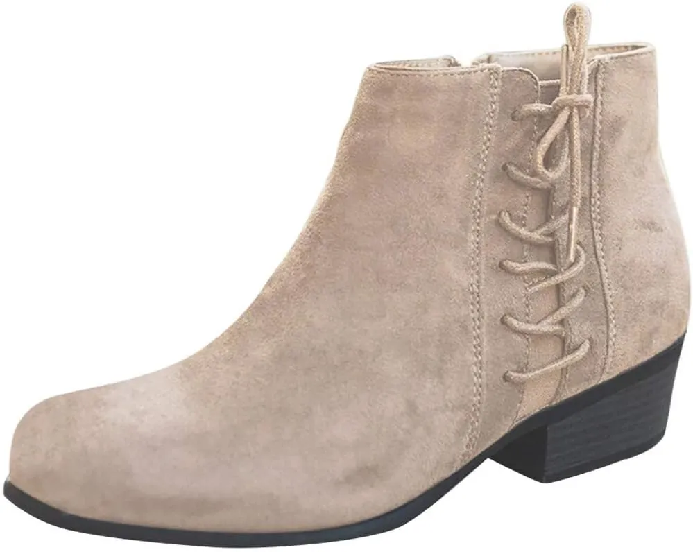 Gibobby Ankle Boots for Women Low Heel,Ankle Booties Round Toe Faux Stacked Chunky Heel Side Lace Up Short Winter Booties