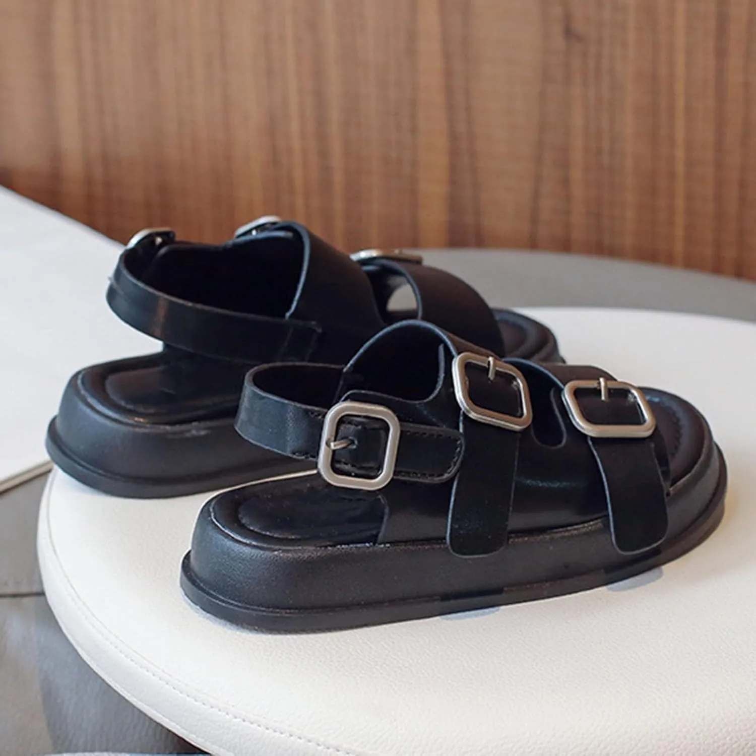 Girls Sandals Open Toe Children's Sandals Summer Boys Beach Shoes Soft Bottom Girls Baby Rome Shoes Trend Three Ring Comfortable Sandal with Adjustable Back Strap
