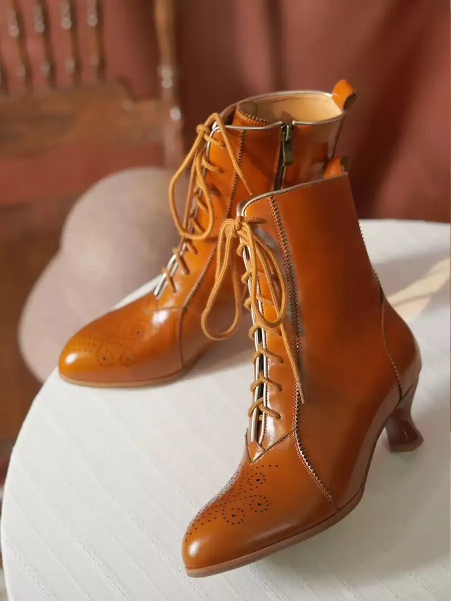 Handmade Vintage Lace-Up Leather Ankle Boots - Regency Style Retro Shoes