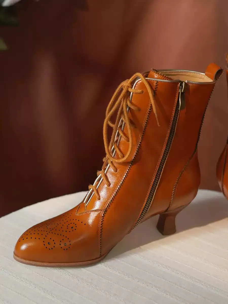 Handmade Vintage Lace-Up Leather Ankle Boots - Regency Style Retro Shoes