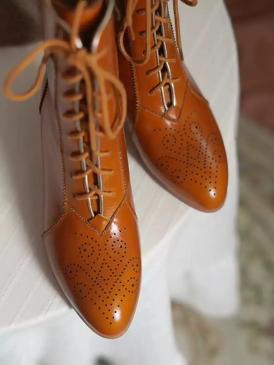 Handmade Vintage Lace-Up Leather Ankle Boots - Regency Style Retro Shoes