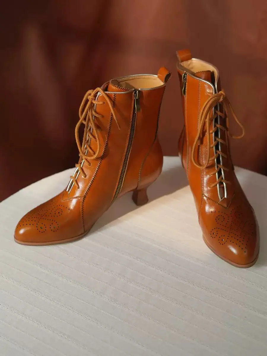 Handmade Vintage Lace-Up Leather Ankle Boots - Regency Style Retro Shoes