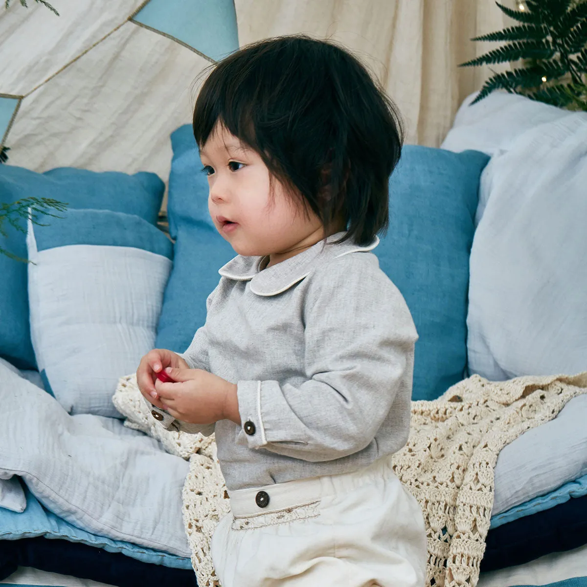 Harry Gray Twill Long-Sleeve Baby Blouse with Peter Pan Collar