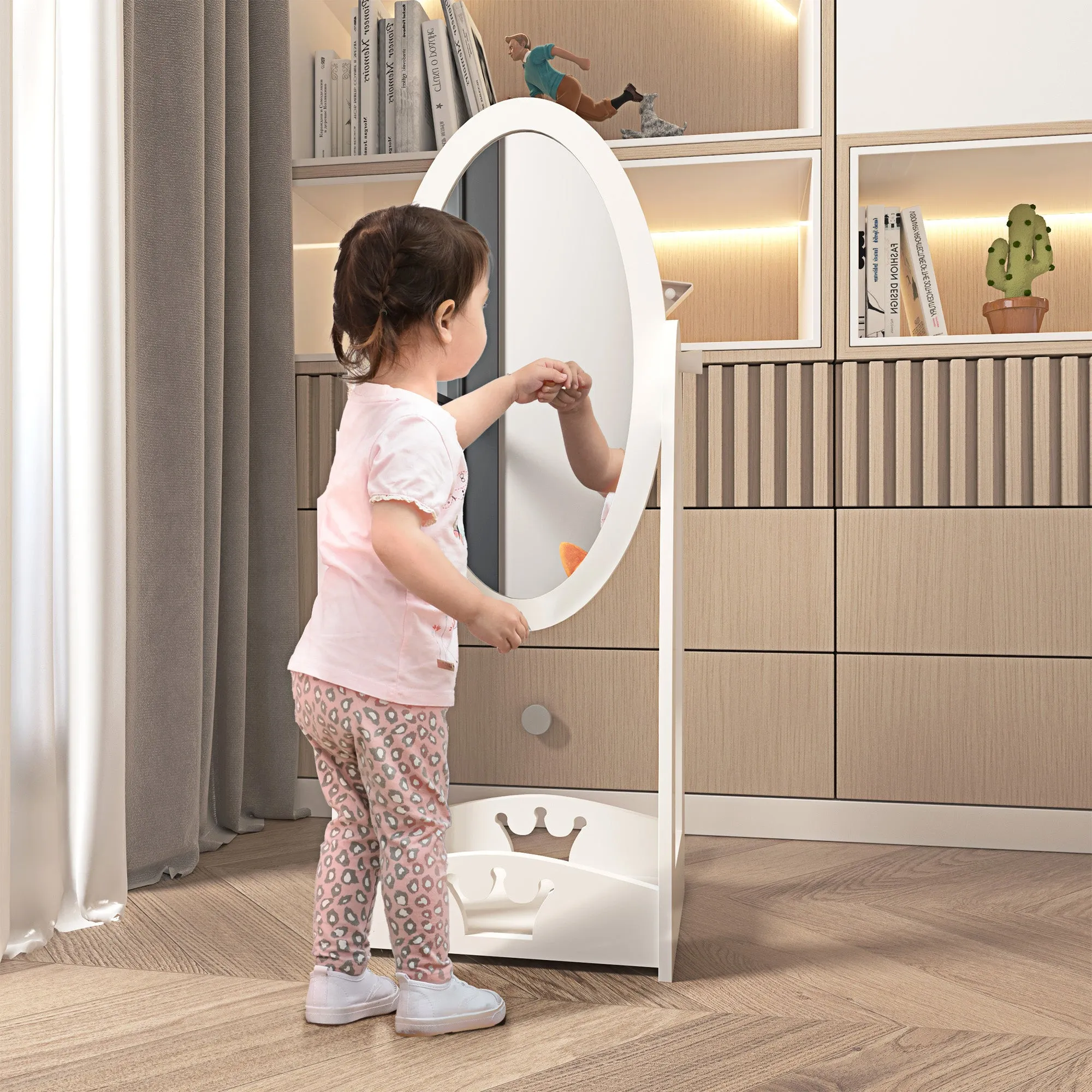 HOMCOM Free Standing Full Length Mirror, Child's Dressing Mirror with storage shelf, Children's White Bedroom Furniture 360° Rotation MDF, For 3- 8 Years Old, 40L x 30W x 104H cm