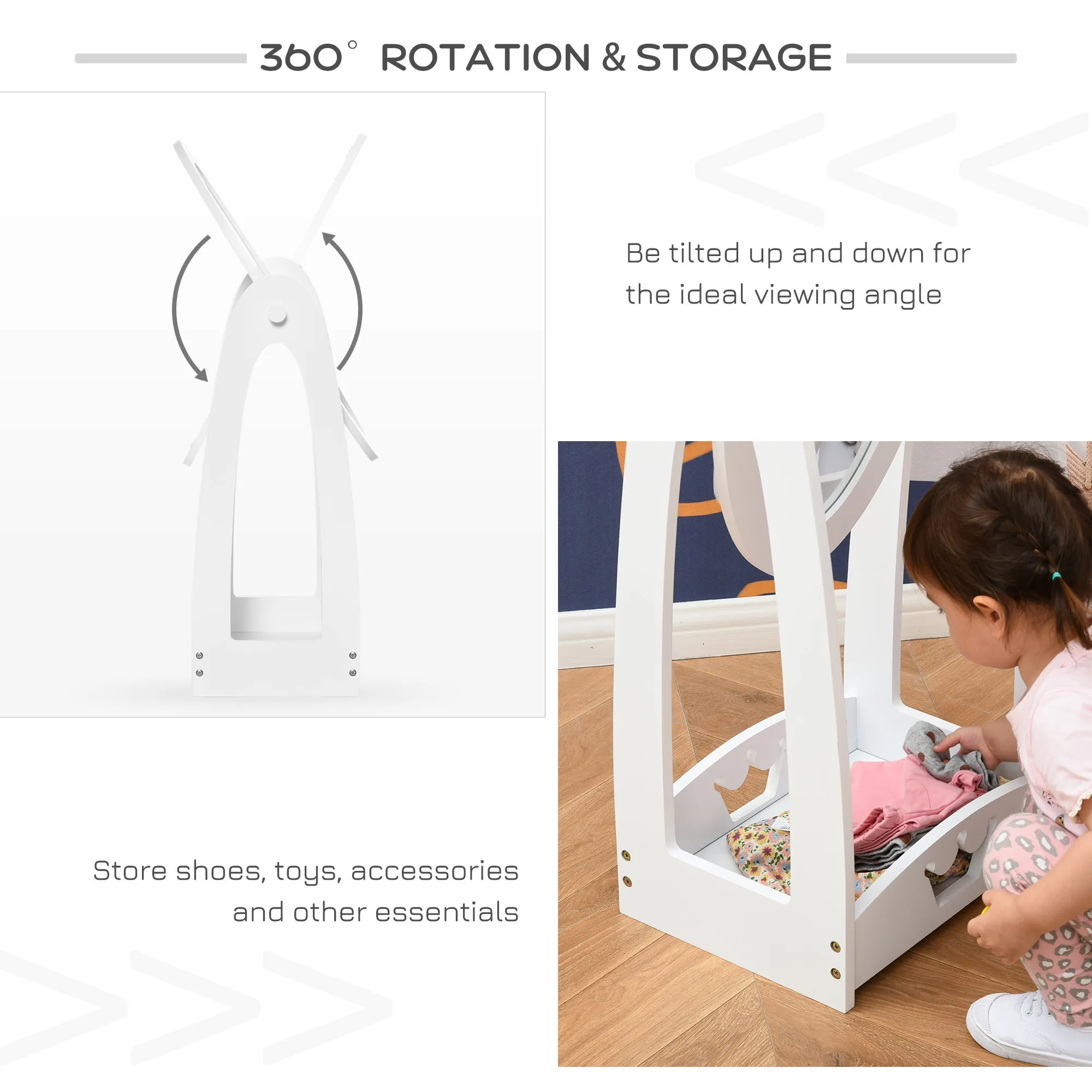 HOMCOM Free Standing Full Length Mirror, Child's Dressing Mirror with storage shelf, Children's White Bedroom Furniture 360° Rotation MDF, For 3- 8 Years Old, 40L x 30W x 104H cm