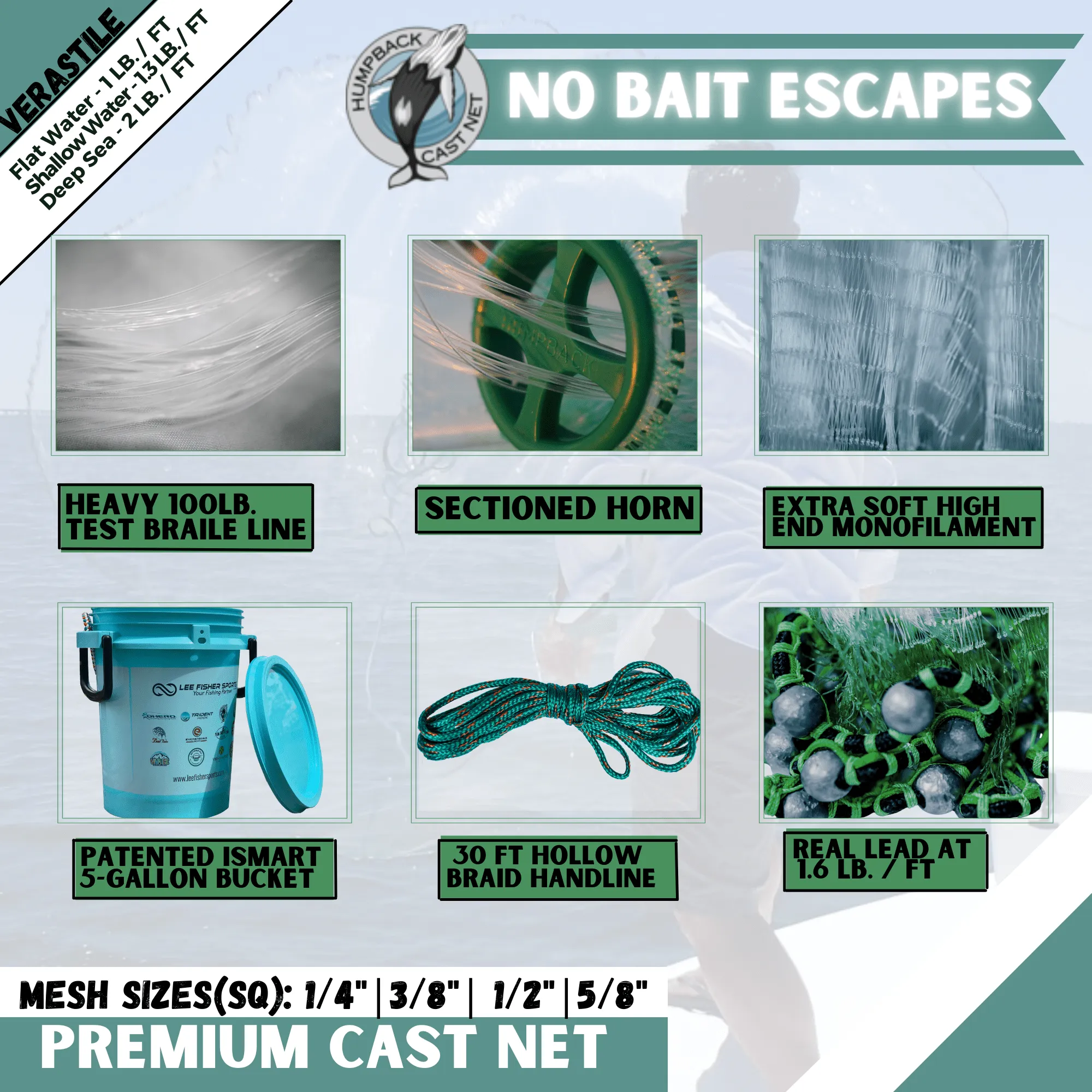 Humpback Bait Flats Water Cast Net ( 3/8" Sq. Mesh )