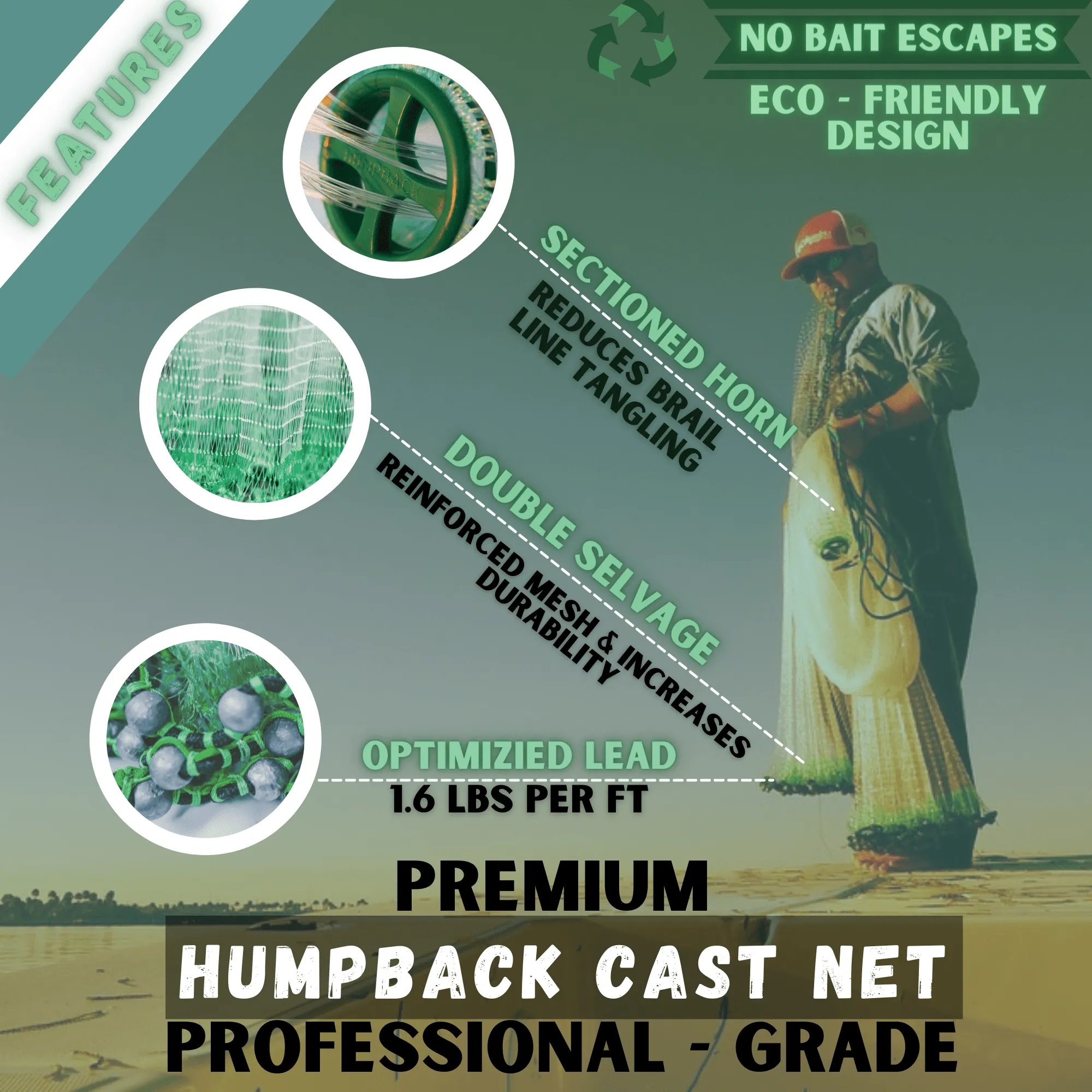 Humpback Bait Flats Water Cast Net ( 3/8" Sq. Mesh )
