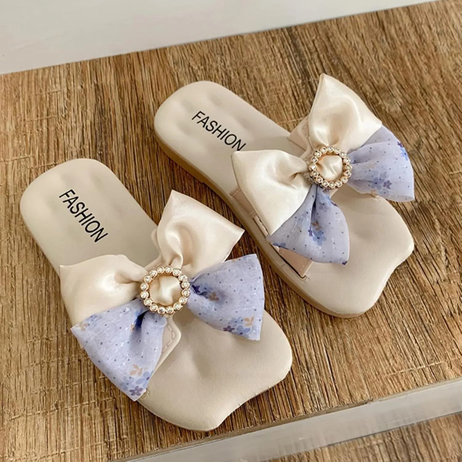 Kids Girls Wedding ay Slippers Square Head Open Toe Flat with Sparkling Bow Satin Bow Sparkling Slippers