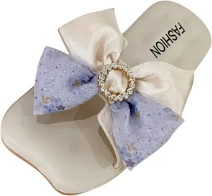 Kids Girls Wedding ay Slippers Square Head Open Toe Flat with Sparkling Bow Satin Bow Sparkling Slippers