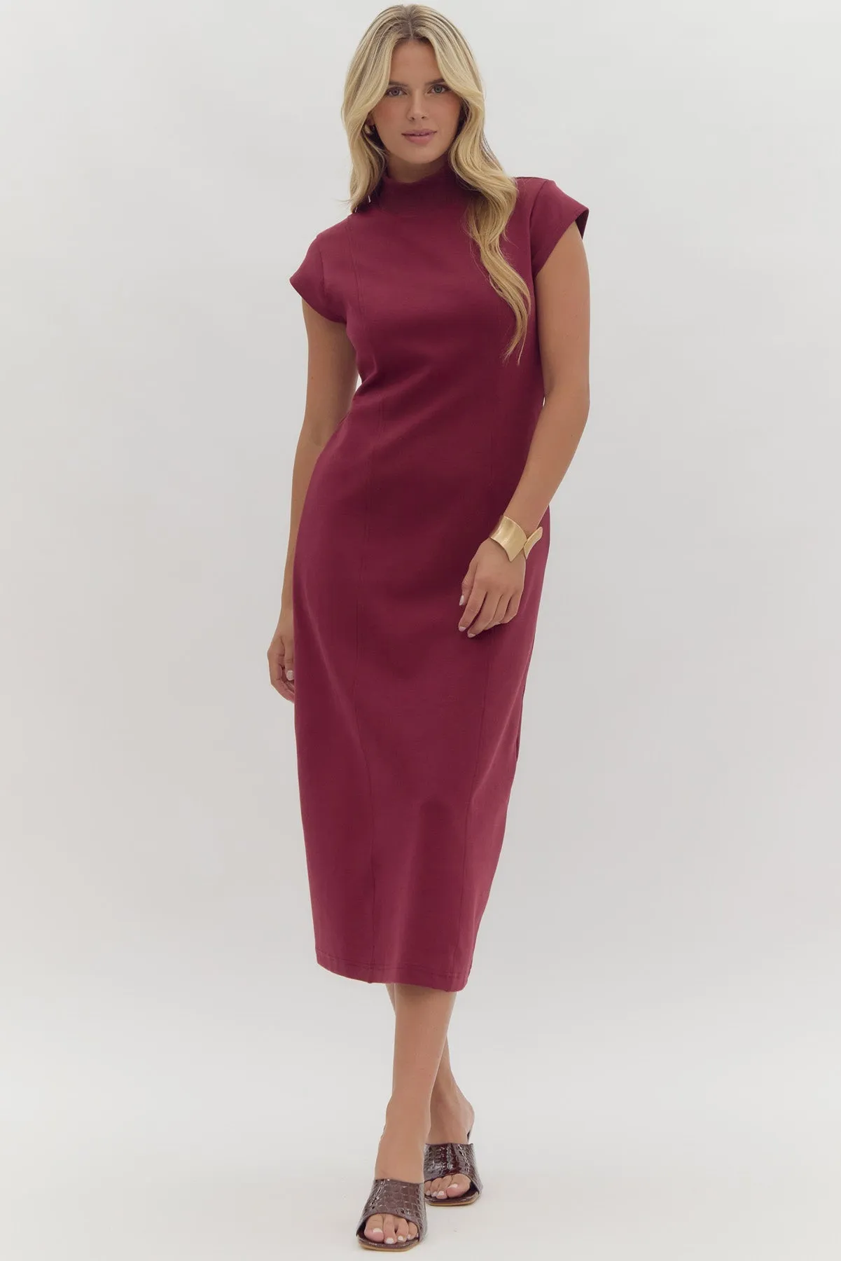 Mock Neck Midi Dress W/Cap Sleeves
