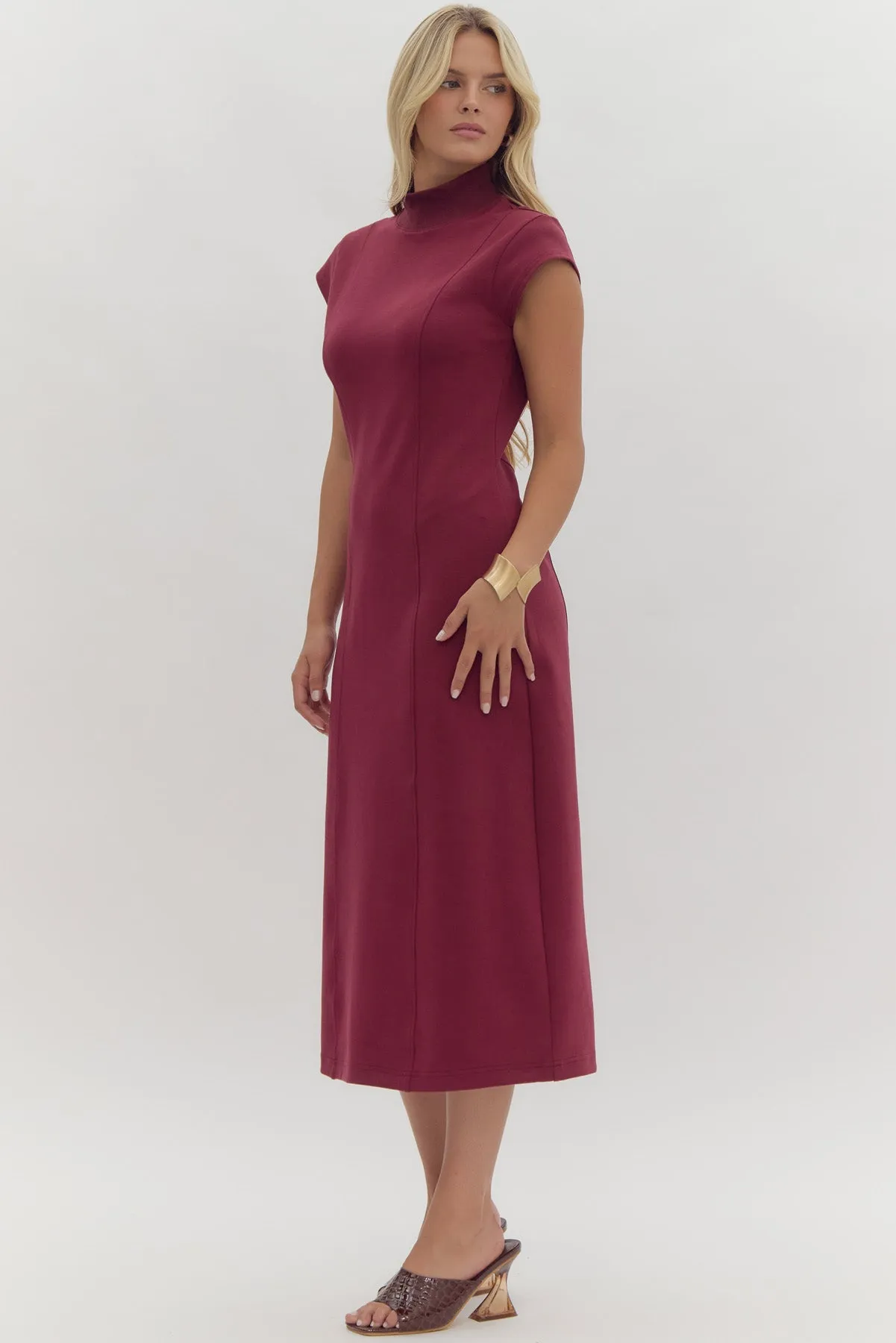 Mock Neck Midi Dress W/Cap Sleeves