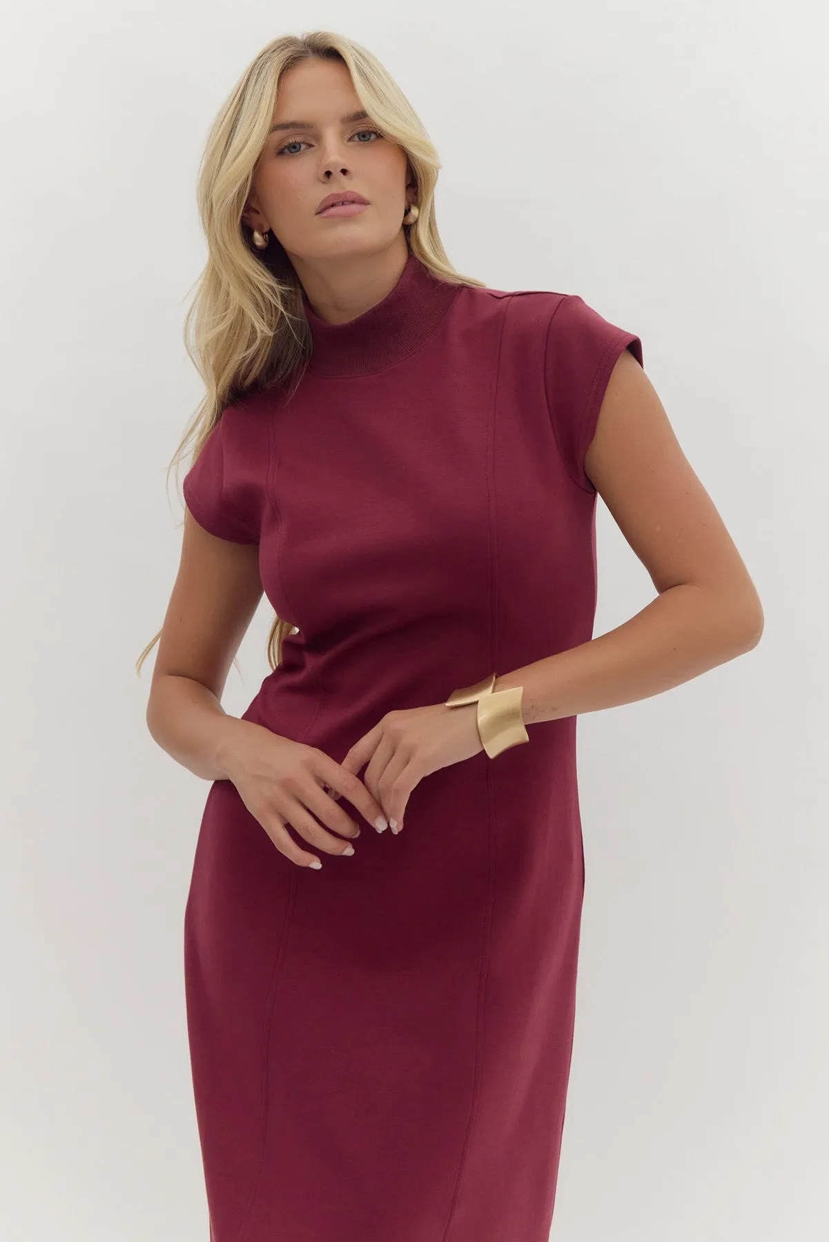 Mock Neck Midi Dress W/Cap Sleeves