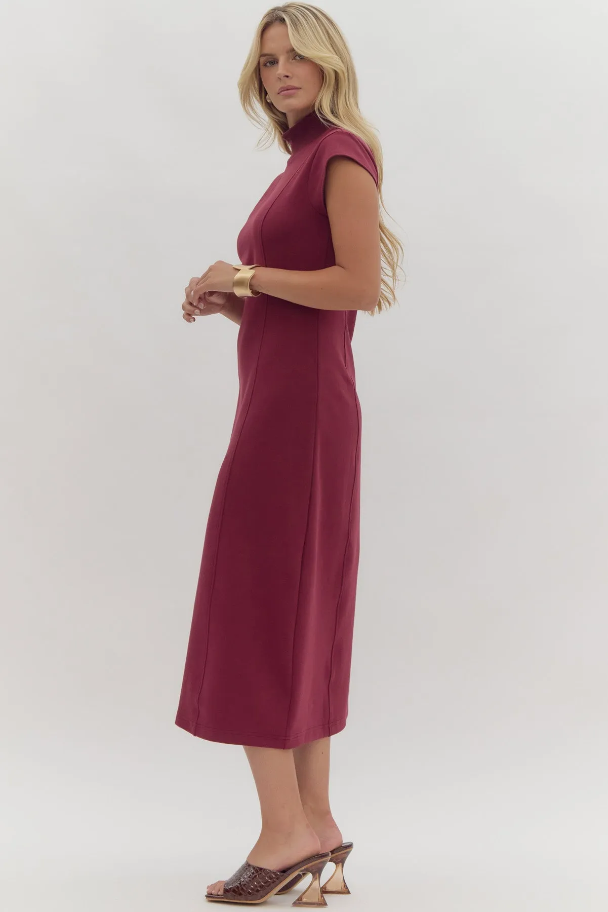 Mock Neck Midi Dress W/Cap Sleeves
