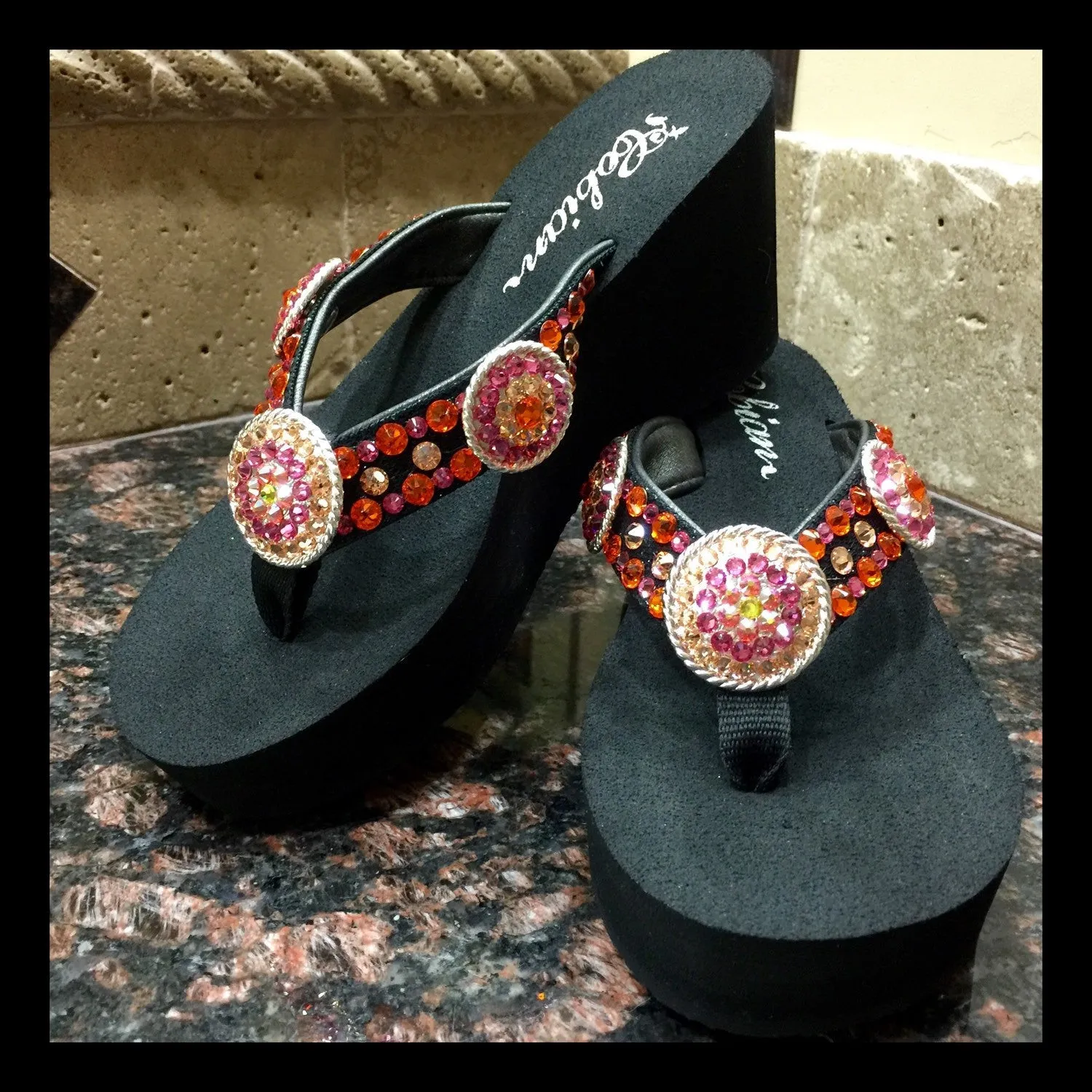 Orange Obsession Concho Diva's Swarovski Crystal Flip-flops by Sparkle Steps