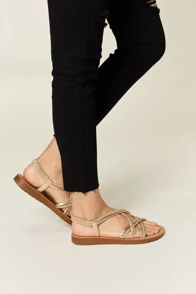 Rhinestone Crisscross Flat Sandals in Gold