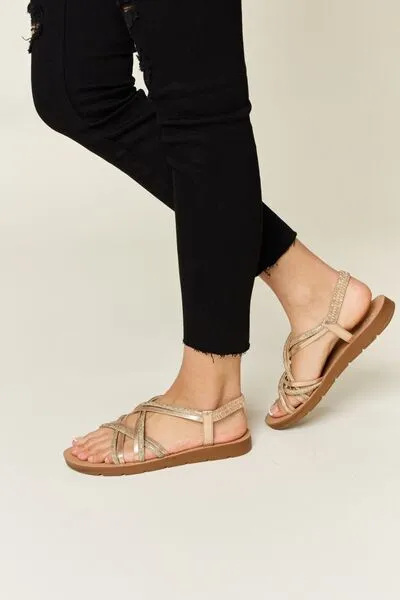 Rhinestone Crisscross Flat Sandals in Gold