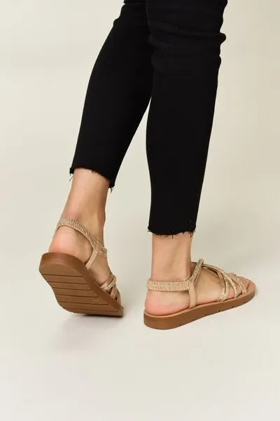Rhinestone Crisscross Flat Sandals in Gold