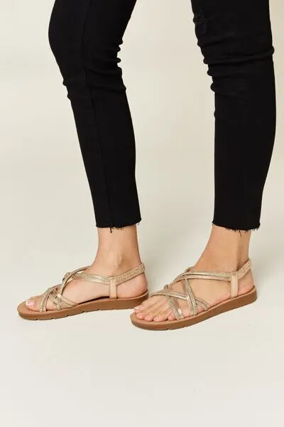 Rhinestone Crisscross Flat Sandals in Gold