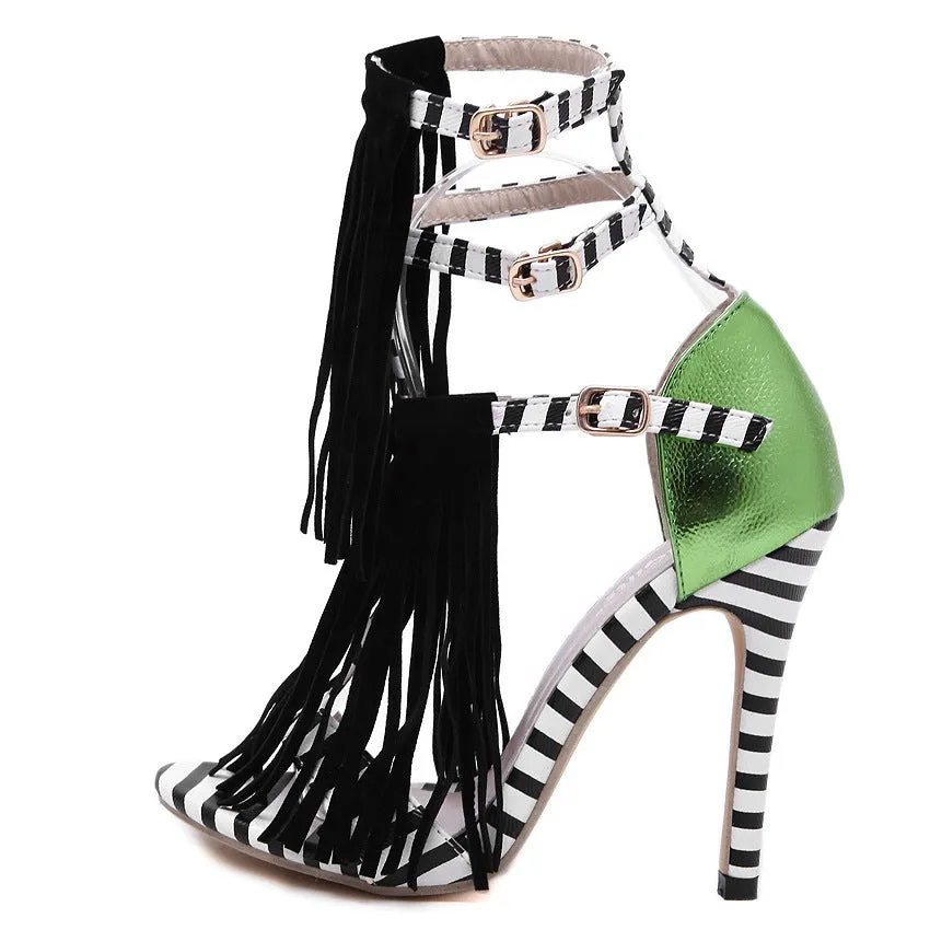 Tassels Stripes Open Toe Stiletto High Heels Sandals