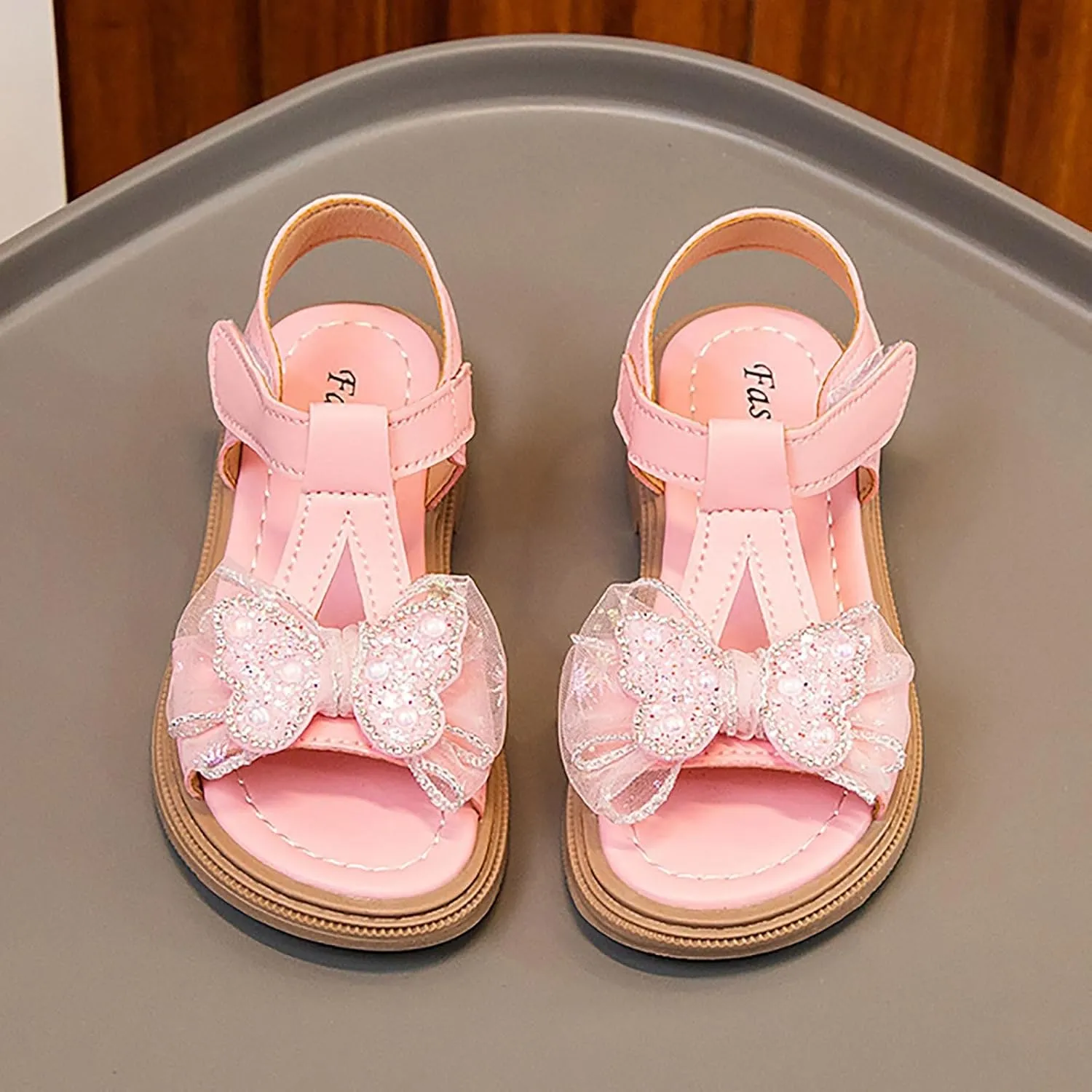 Toddler Kid Girl Open-toe Casual Solid Sandal Low Heel Hook & Loop Bow Soft Rubber Sole Party Dress Jelly Shoe