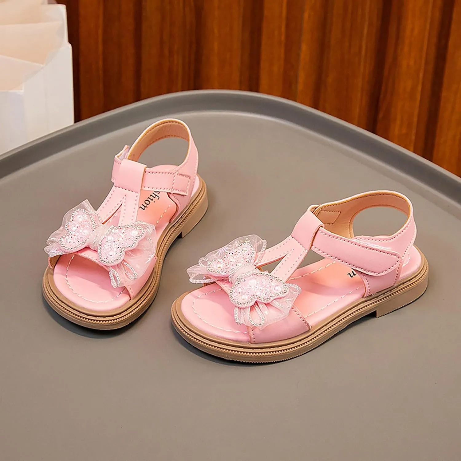 Toddler Kid Girl Open-toe Casual Solid Sandal Low Heel Hook & Loop Bow Soft Rubber Sole Party Dress Jelly Shoe
