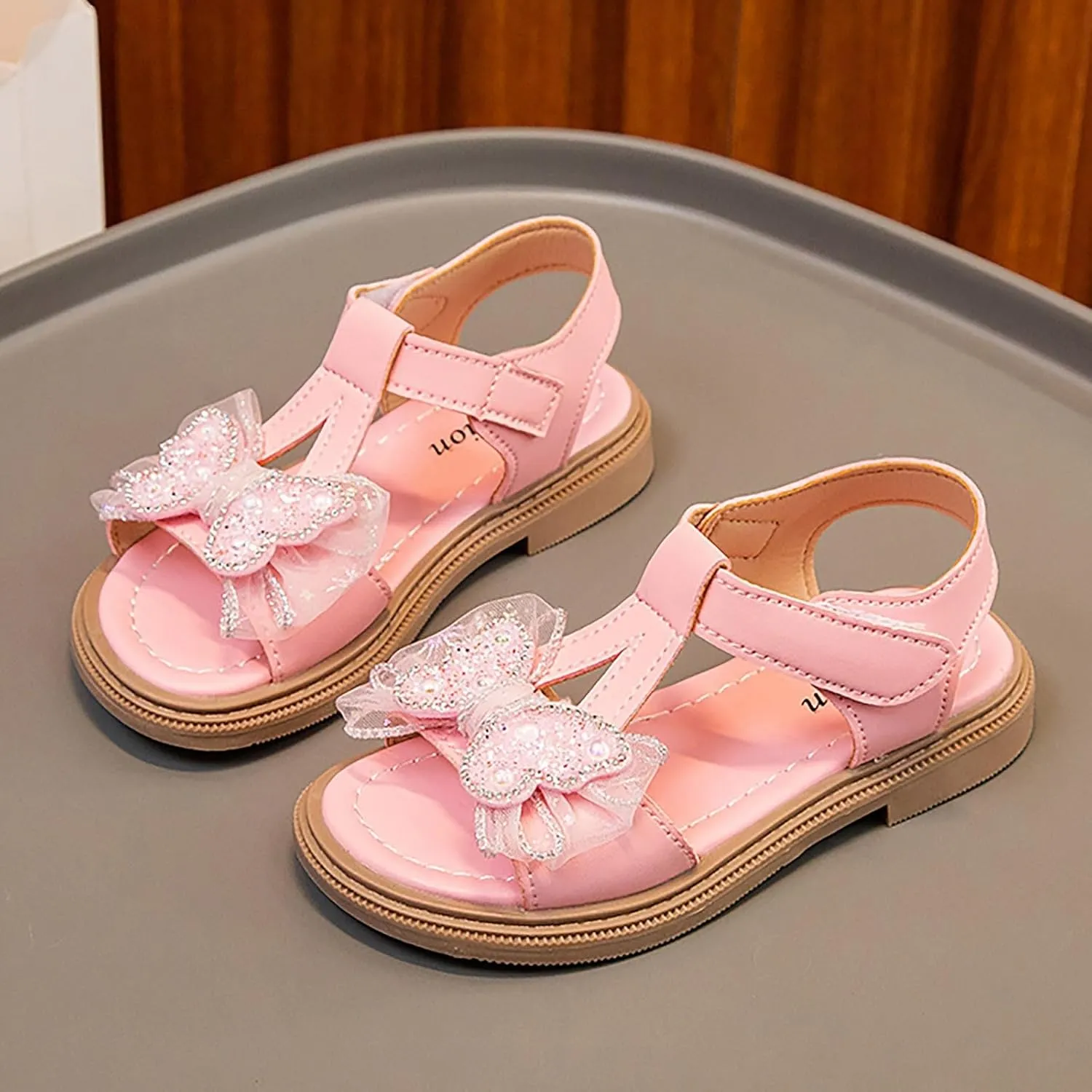 Toddler Kid Girl Open-toe Casual Solid Sandal Low Heel Hook & Loop Bow Soft Rubber Sole Party Dress Jelly Shoe