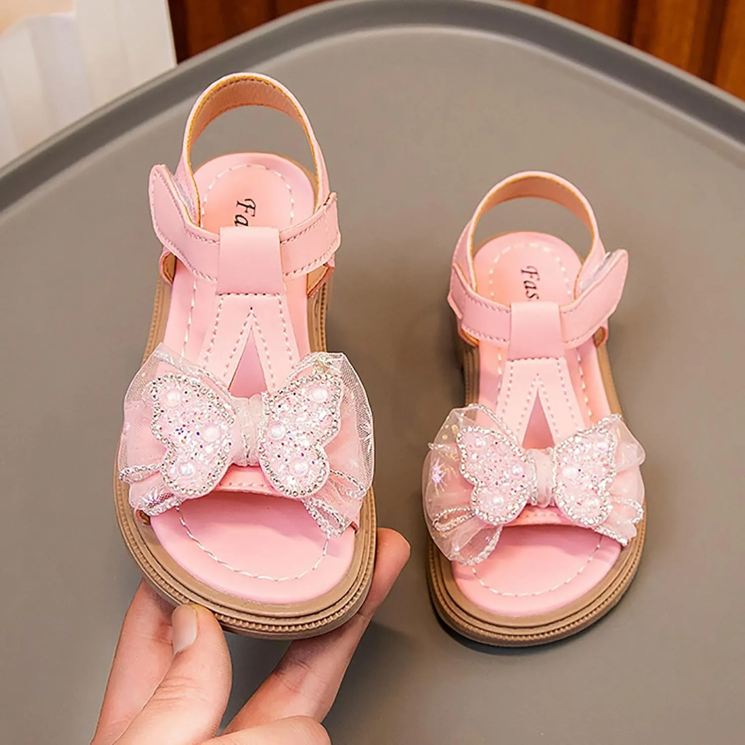 Toddler Kid Girl Open-toe Casual Solid Sandal Low Heel Hook & Loop Bow Soft Rubber Sole Party Dress Jelly Shoe