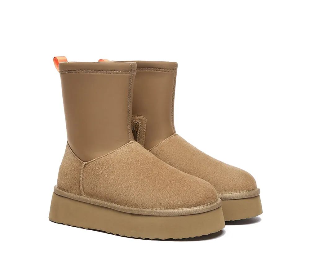 UGG EVERAU® UGG Women Sheepskin Wool Zipper Decor Stretchy Mid Calf Platform Boots Ethel