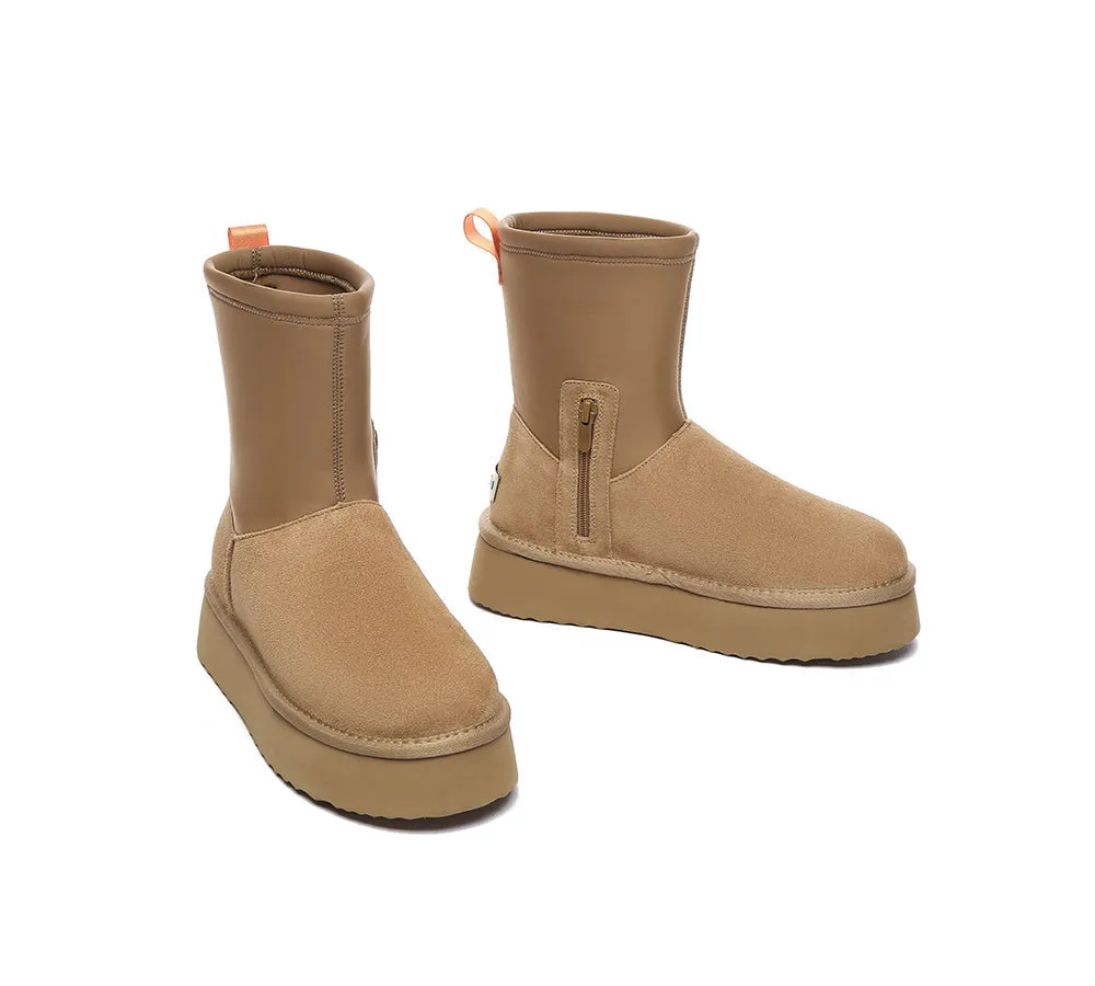 UGG EVERAU® UGG Women Sheepskin Wool Zipper Decor Stretchy Mid Calf Platform Boots Ethel