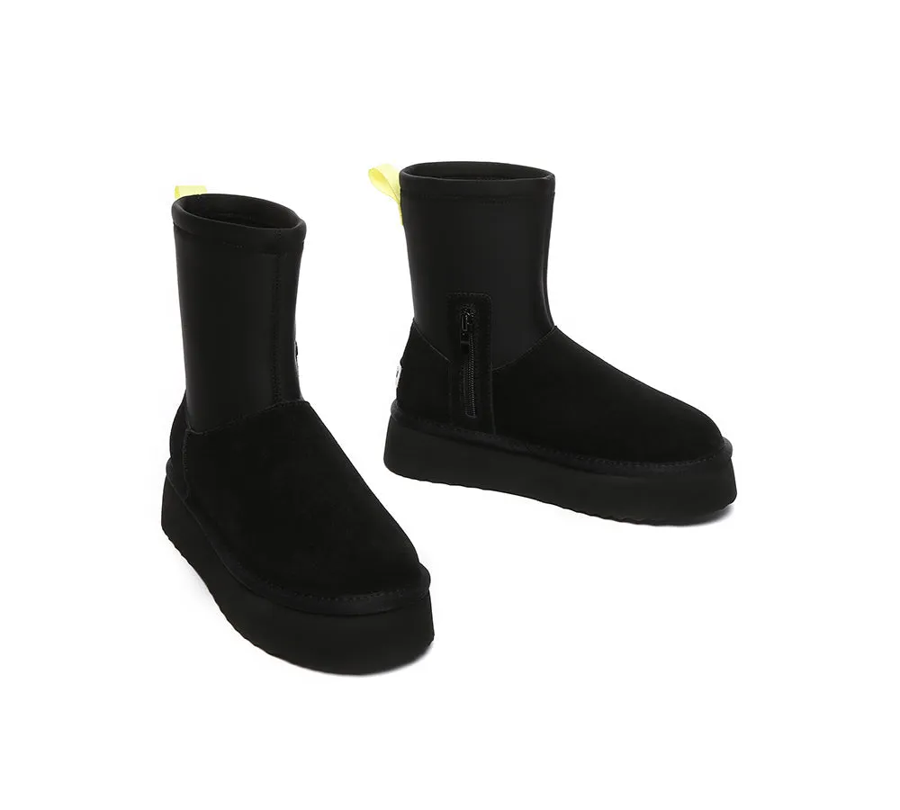 UGG EVERAU® UGG Women Sheepskin Wool Zipper Decor Stretchy Mid Calf Platform Boots Ethel