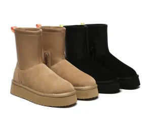 UGG EVERAU® UGG Women Sheepskin Wool Zipper Decor Stretchy Mid Calf Platform Boots Ethel